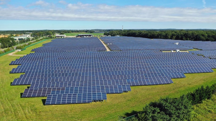 An aerial view of solar panels at the Sutter Greenworks Solar Site on September 19, 2021 in Calverton, New York.