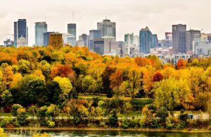 Downtown Montreal skyscrapers and trees in autumn