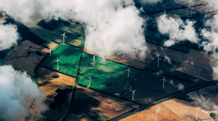 Aerial photo of wind turbines on farm