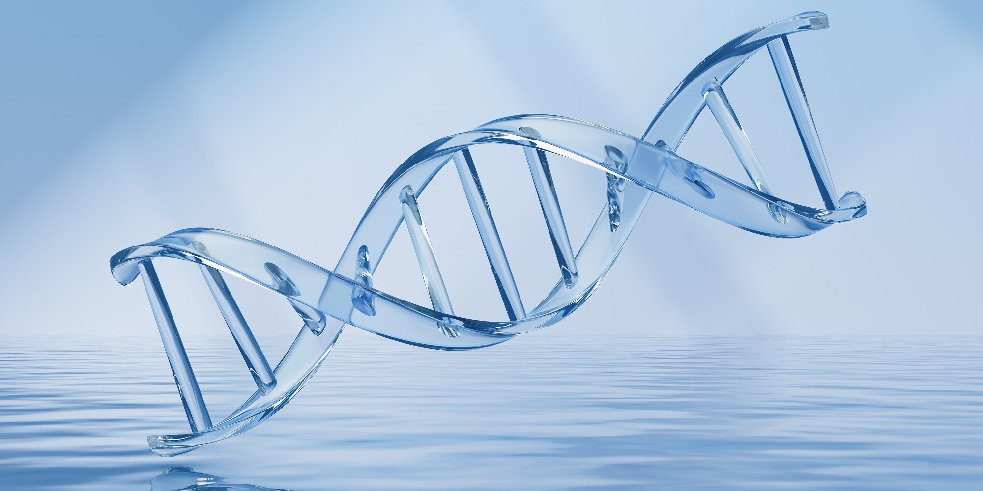 Illustration of DNA double helix floating above water