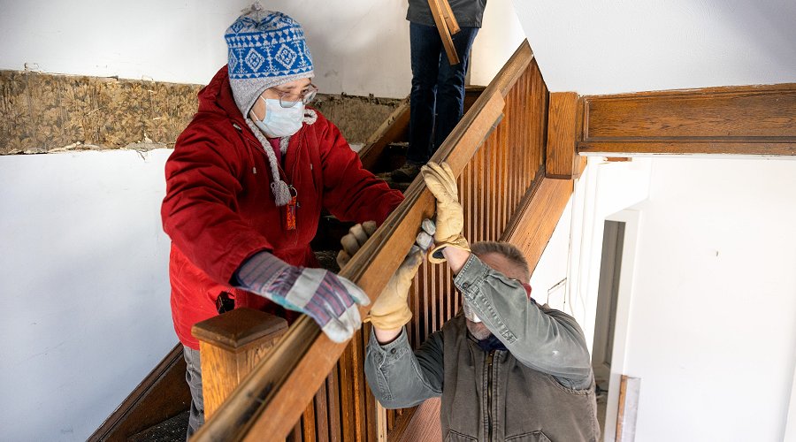 Volunteers salvaged original wood flooring, utilities and other elements from homes deconstructed in Ithaca’s Collegetown neighborhood in 2022.
