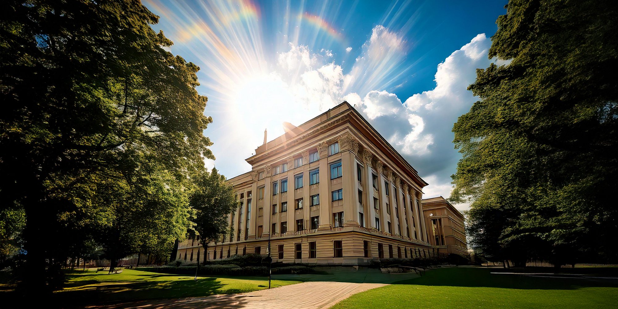 AI-generated image showing a sun haloo above a representative university building