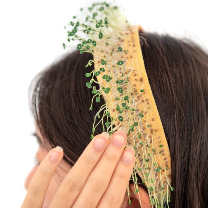A touch-sensing hairband with embedded chia sprouts for the LivingLoom project in Cindy (Hsin-Liu) Kao's Hybrid Body Lab