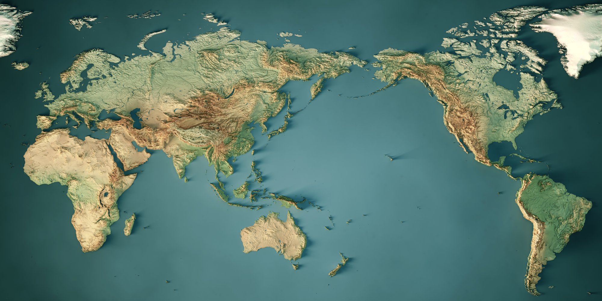 Topographical map of the world, centering on Asia