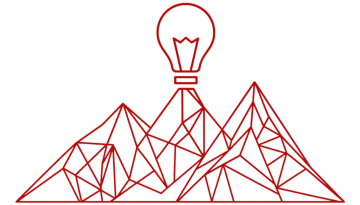 Line art illustration of light bulb above 3d vector representation of 3 mountain peaks