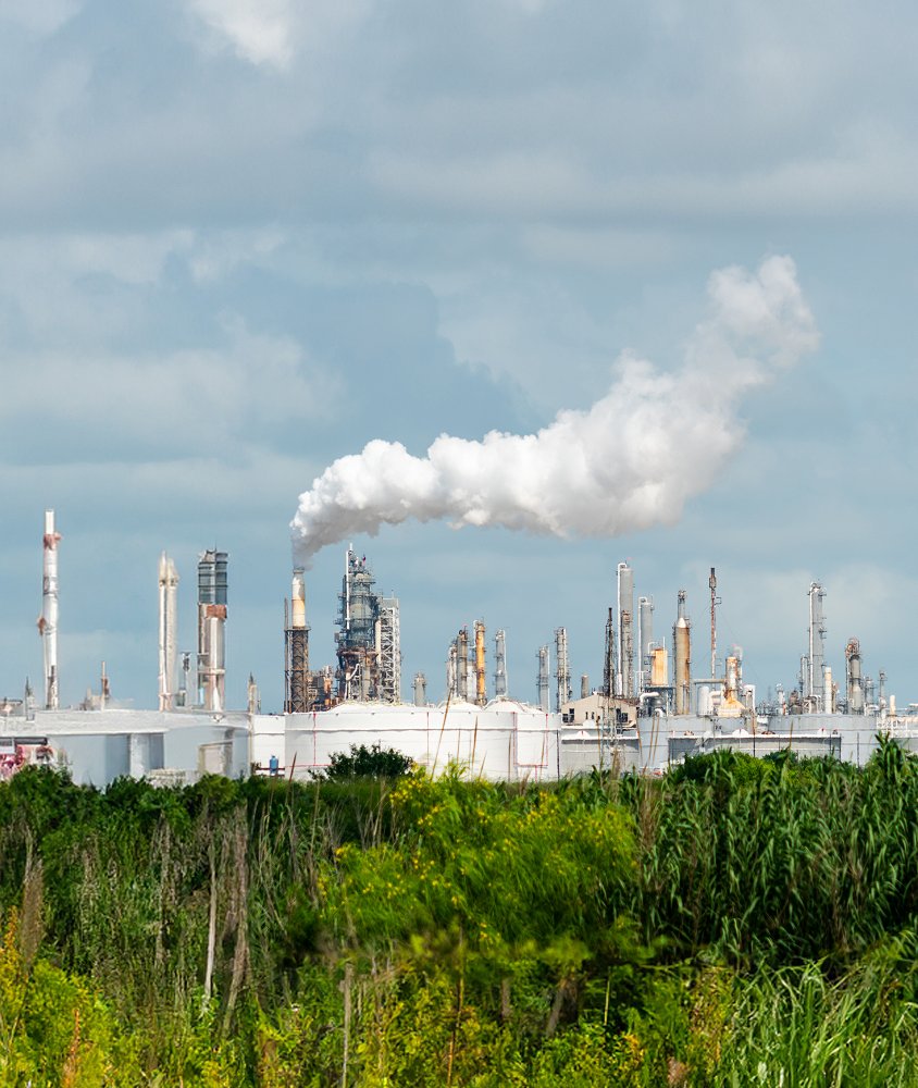 Petrochemical oil refineries smog smoke stacks and polluted dirty skies over carbon pollution fossil fuel industry refinery in Corpus Christi, Texas