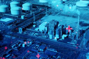Aerial view of Factory with overlay of crosses suggesting emission rates