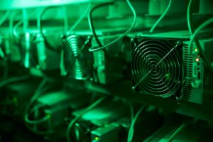 Racks of data center processors with CPU fans in forefront